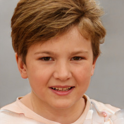 Joyful white child female with short  brown hair and brown eyes