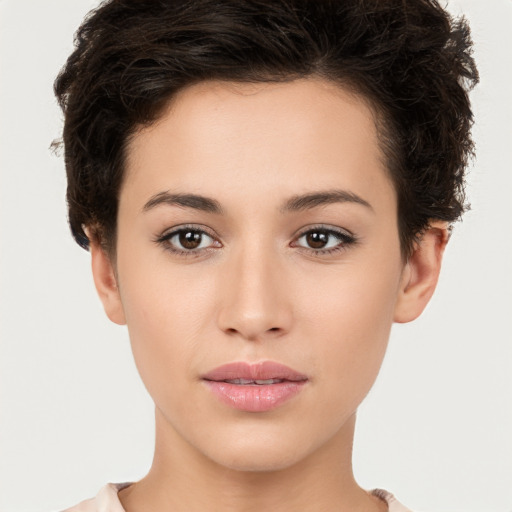 Neutral white young-adult female with short  brown hair and brown eyes