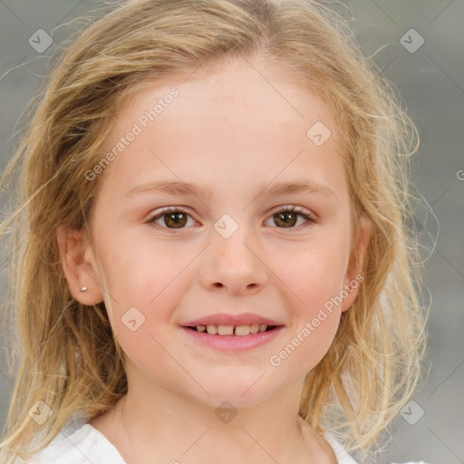 Joyful white child female with medium  brown hair and brown eyes