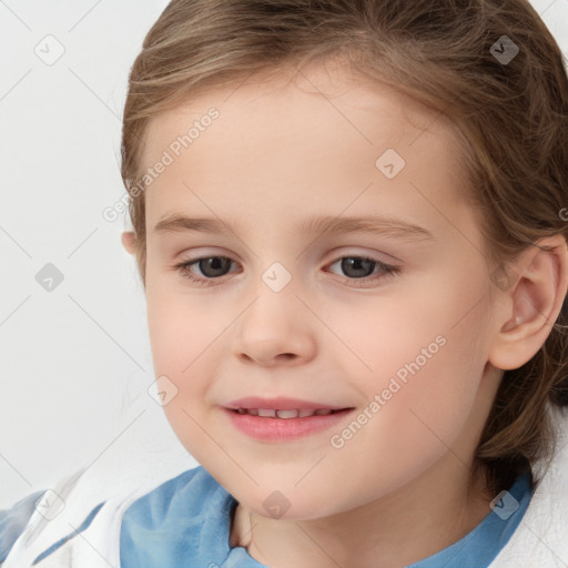 Joyful white child female with medium  brown hair and brown eyes