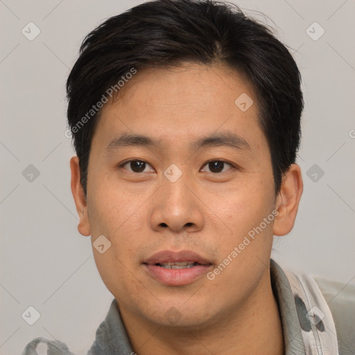 Neutral asian young-adult male with short  brown hair and brown eyes