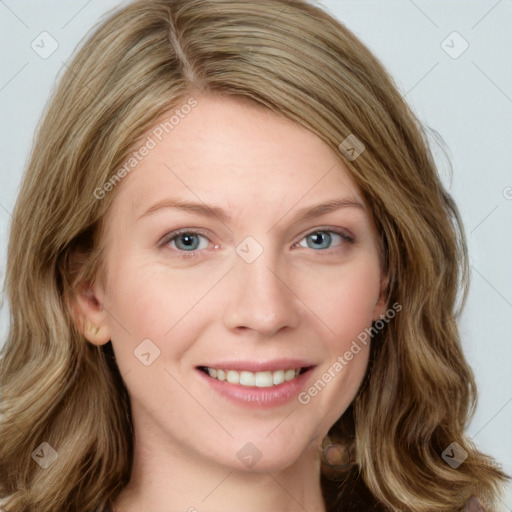 Joyful white young-adult female with medium  brown hair and blue eyes