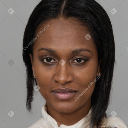 Joyful black young-adult female with medium  black hair and brown eyes