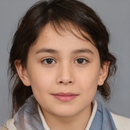 Joyful white child female with medium  brown hair and brown eyes