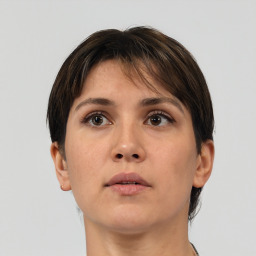 Neutral white young-adult female with short  brown hair and brown eyes