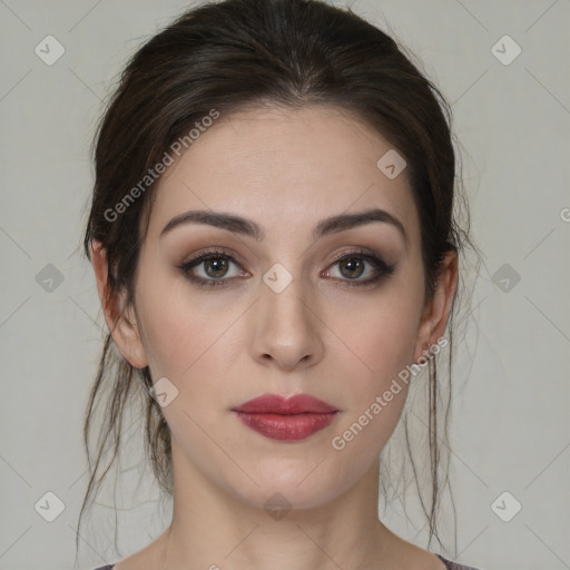 Neutral white young-adult female with medium  brown hair and brown eyes