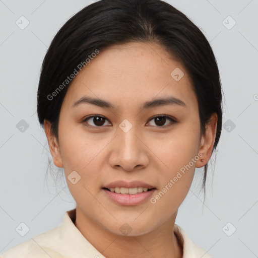 Joyful asian young-adult female with medium  brown hair and brown eyes