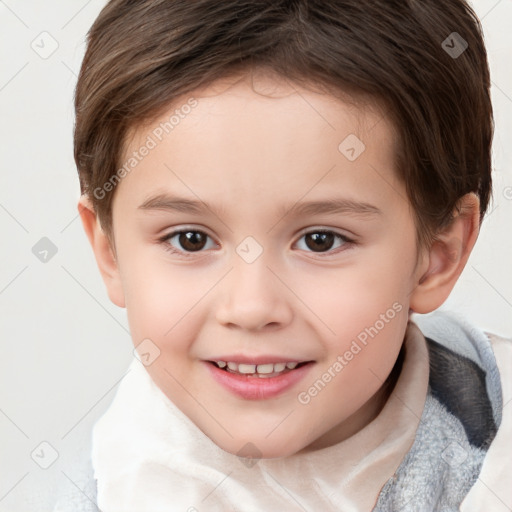 Joyful white child female with short  brown hair and brown eyes