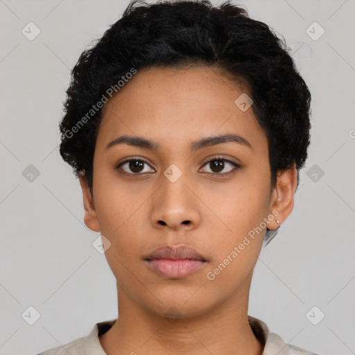 Neutral latino young-adult female with short  black hair and brown eyes