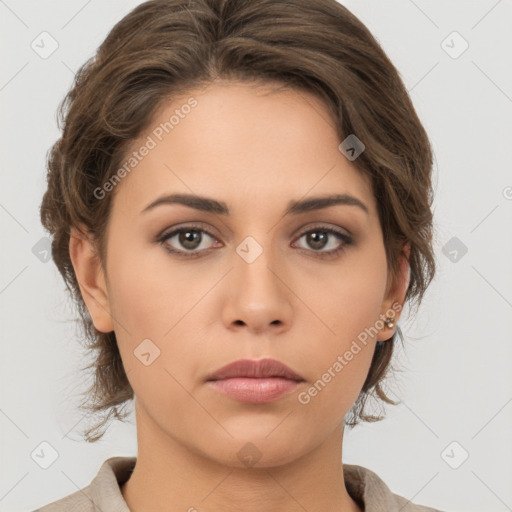 Neutral white young-adult female with medium  brown hair and brown eyes