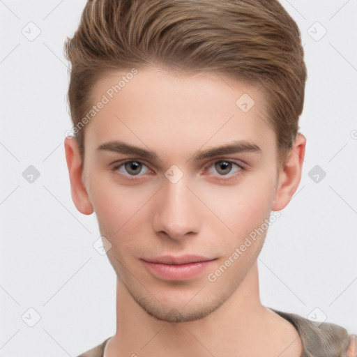 Neutral white young-adult male with short  brown hair and brown eyes