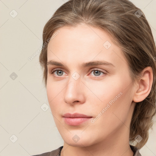 Neutral white young-adult female with medium  brown hair and grey eyes