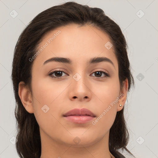 Neutral white young-adult female with medium  brown hair and brown eyes