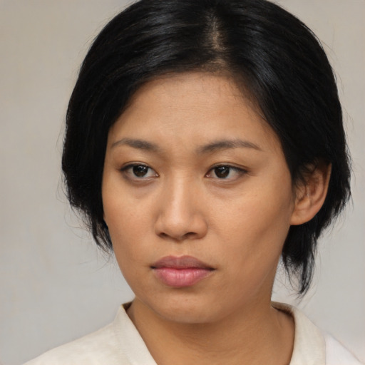 Neutral asian young-adult female with medium  black hair and brown eyes