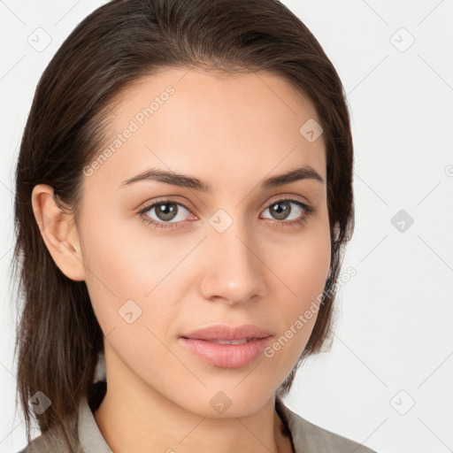 Neutral white young-adult female with medium  brown hair and brown eyes