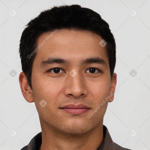 Joyful asian young-adult male with short  black hair and brown eyes