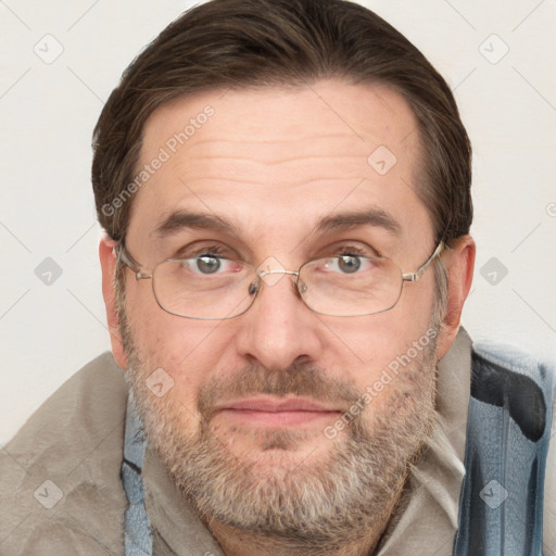 Joyful white adult male with short  brown hair and grey eyes