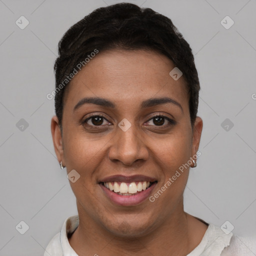 Joyful latino young-adult female with short  brown hair and brown eyes