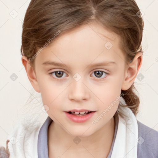 Joyful white child female with medium  brown hair and grey eyes