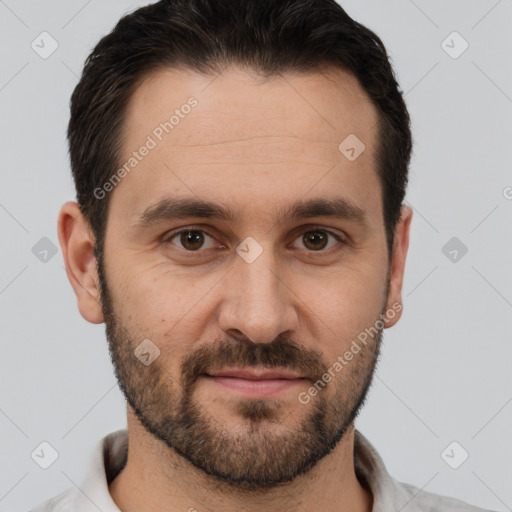 Joyful white young-adult male with short  brown hair and brown eyes