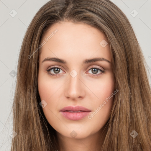 Neutral white young-adult female with long  brown hair and brown eyes