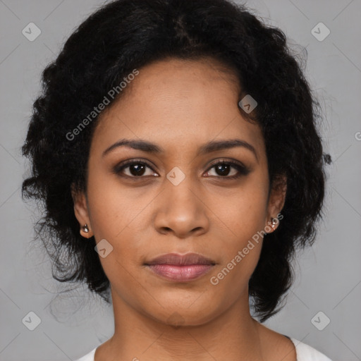 Joyful latino young-adult female with medium  black hair and brown eyes