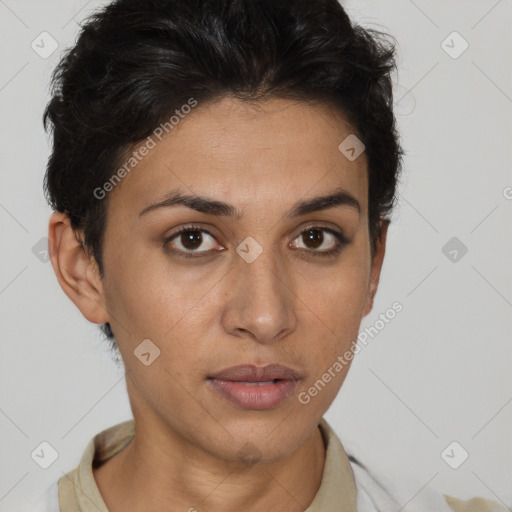 Neutral latino young-adult female with short  brown hair and brown eyes