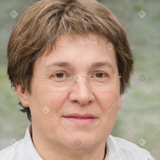 Joyful white adult female with short  brown hair and brown eyes