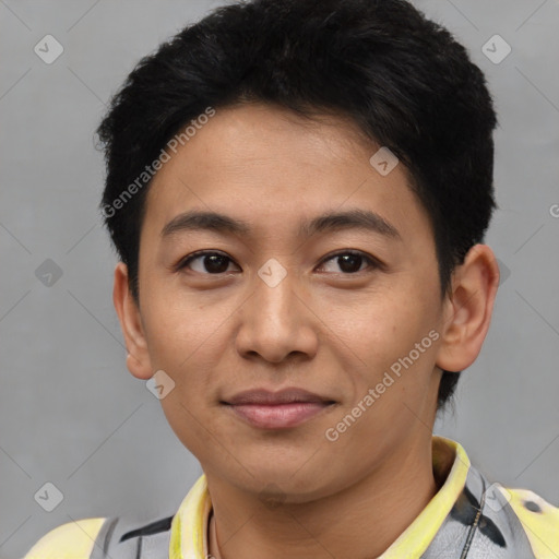 Joyful latino young-adult male with short  brown hair and brown eyes