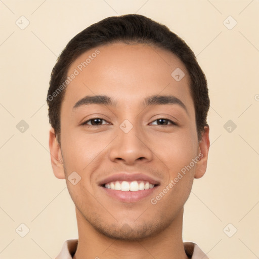 Joyful white young-adult male with short  brown hair and brown eyes