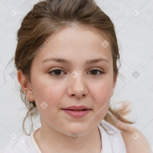 Joyful white child female with medium  brown hair and brown eyes