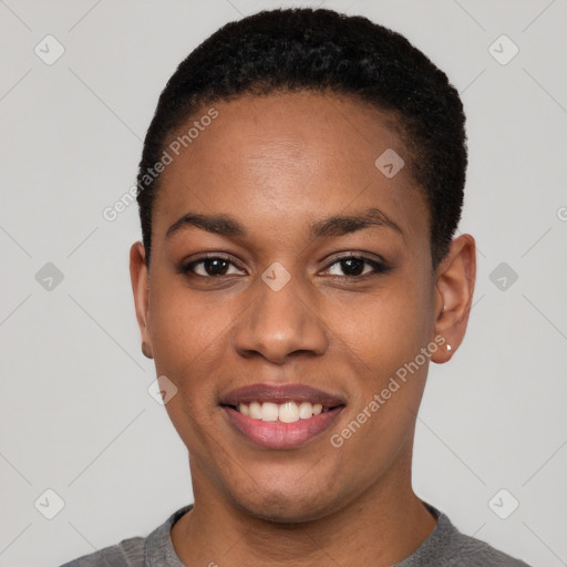 Joyful latino young-adult female with short  black hair and brown eyes