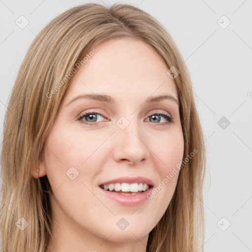 Joyful white young-adult female with long  brown hair and green eyes