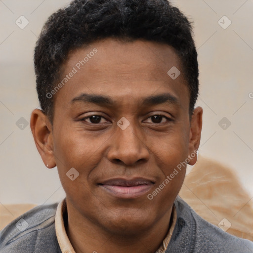 Joyful latino young-adult male with short  brown hair and brown eyes