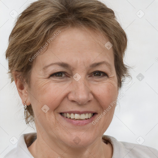 Joyful white adult female with short  brown hair and brown eyes