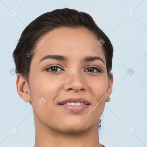 Joyful white young-adult female with short  brown hair and brown eyes