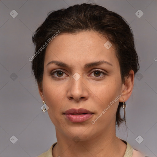 Neutral white young-adult female with medium  brown hair and brown eyes