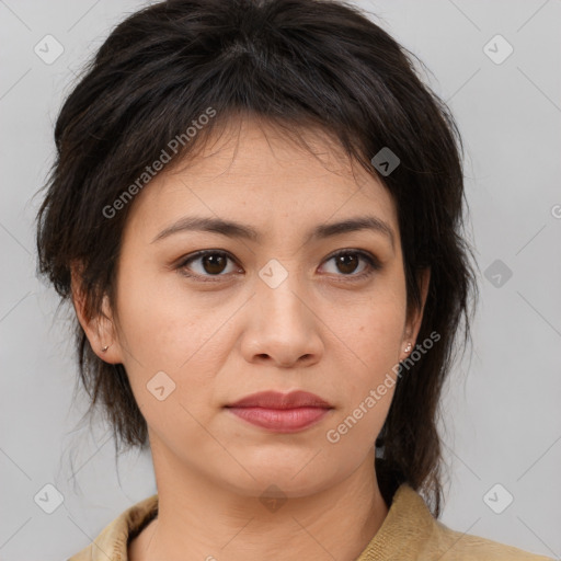 Neutral white young-adult female with medium  brown hair and brown eyes