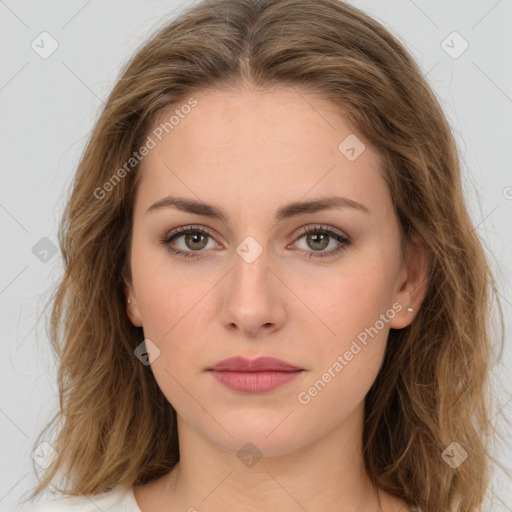 Neutral white young-adult female with long  brown hair and brown eyes