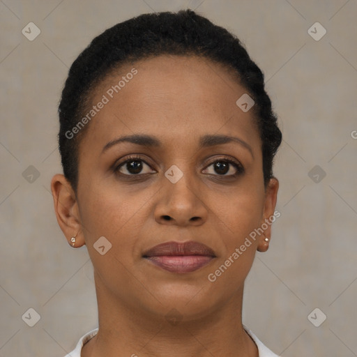 Joyful black young-adult female with short  brown hair and brown eyes