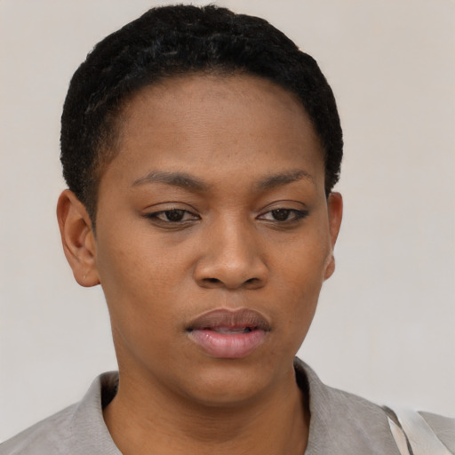Neutral black young-adult female with short  black hair and brown eyes
