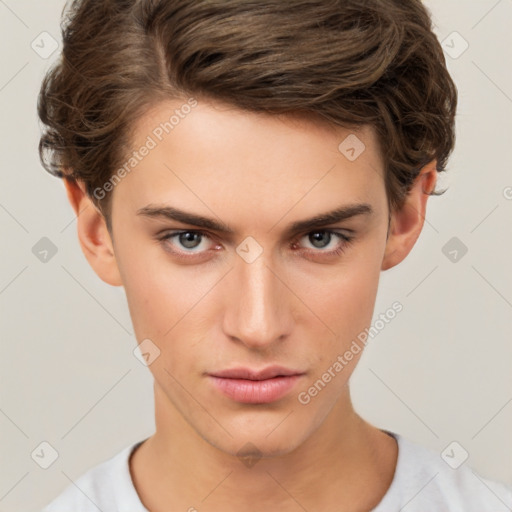 Neutral white young-adult male with short  brown hair and brown eyes