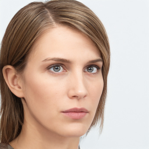 Neutral white young-adult female with long  brown hair and grey eyes