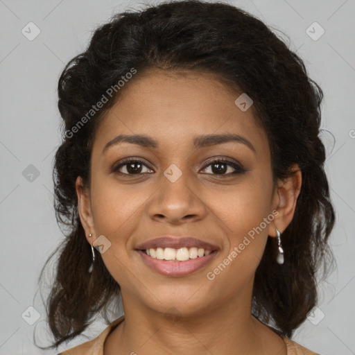 Joyful black young-adult female with medium  brown hair and brown eyes