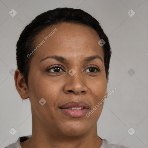 Joyful black adult female with short  brown hair and brown eyes
