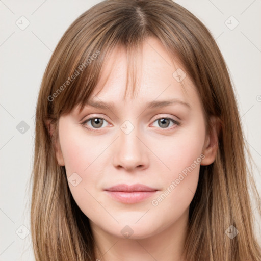 Neutral white young-adult female with long  brown hair and grey eyes