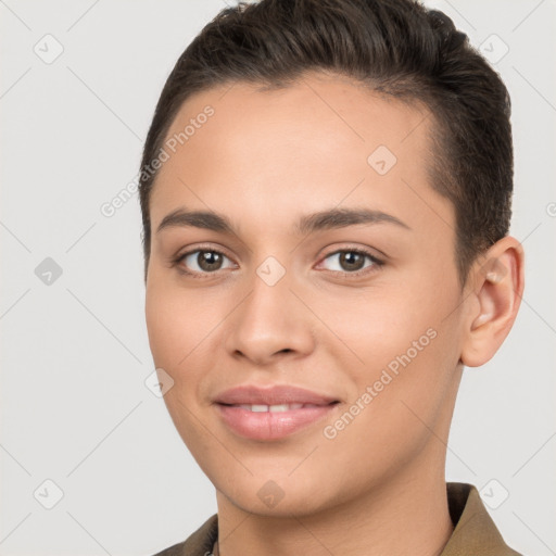 Joyful white young-adult female with short  brown hair and brown eyes