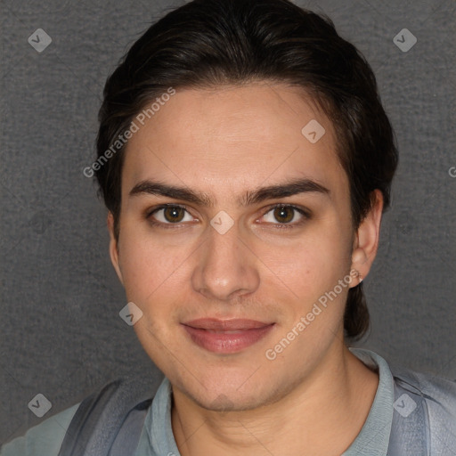 Joyful white young-adult female with short  brown hair and brown eyes