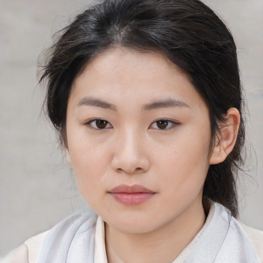Neutral asian young-adult female with medium  brown hair and brown eyes