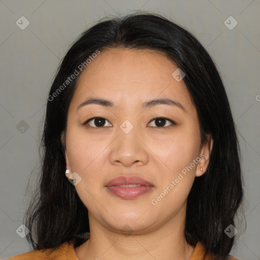 Joyful asian young-adult female with medium  brown hair and brown eyes